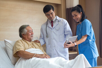 Fototapeta premium Doctor and nurse using tablet computer to share test results with patient.