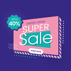UP TO 40% Off For Super Sale Poster Design In Violet And Pink Color.