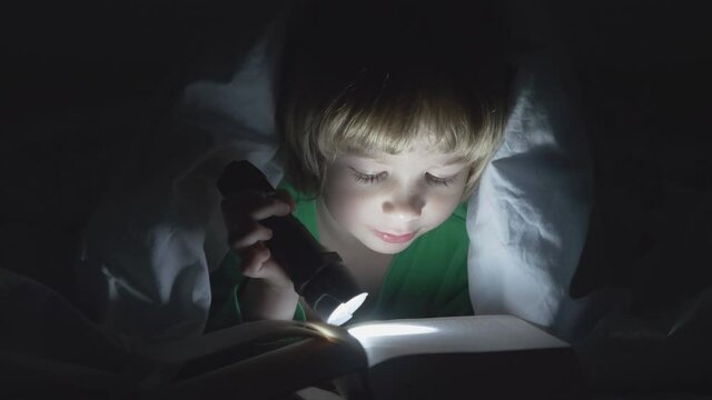 Funny little blond hair child with lamp reading loud a book, boy covered with blanket, healthy entertainment