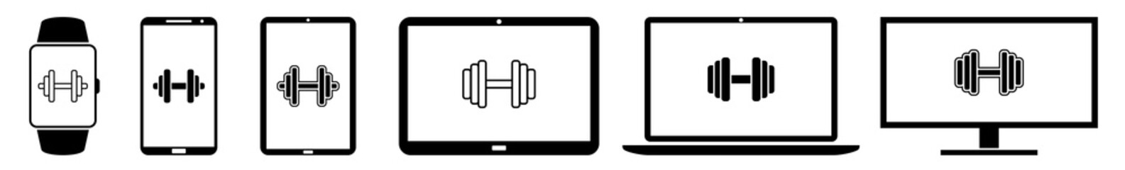 Display dumbbell, dumbbells, weight, exercise, fitness, lifting, weightlift Icon Devices Set | Web Screen Device Online | Laptop Vector Illustration | Mobile Phone | PC Computer Tablet Sign Isolated