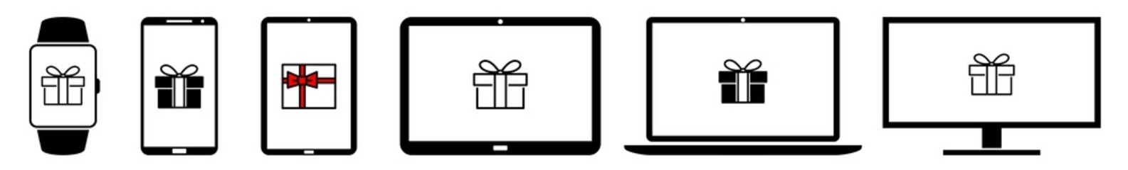 Display gift, box, present, christmas, birthday, voucher, card Icon Devices Set | Web Screen Device Online | Laptop Vector Illustration | Mobile Phone | PC Computer Smartphone Tablet Sign Isolated