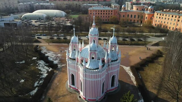 Panoramic Aerial view from drone of Chesmensky Church (Chesme Church) and the buildings of the Moscow district of St. Petersburg. Early spring time. Sunny blue sky day. 