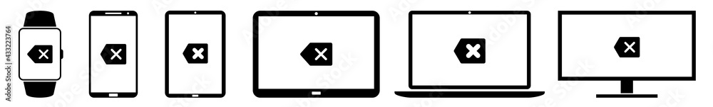 Sticker display cancel, delete, arrow, remove, text, back icon devices set | web screen device online | lapt