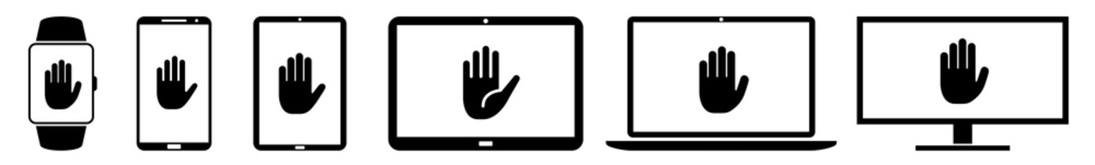 Display stop, access, hand, block, ban, no, not, allowed, forbidden, prohibition Icon Devices Set | Web Screen Device Online | Laptop Vector Illustration | Mobile Phone | PC Computer Sign Isolated