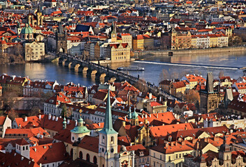 Fototapeta na wymiar View of Charles' Bridge and Vltava river from the South Tower of St Vitus Cathedral, Prague Castle, Prague, Czech Republic .