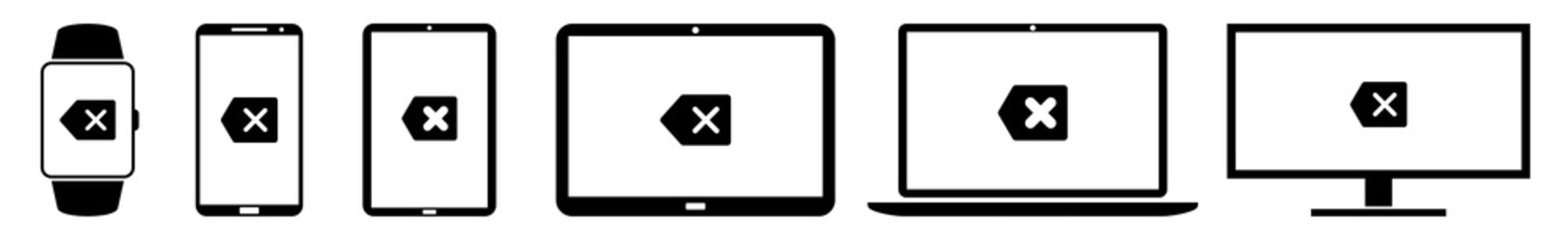 Fototapeta premium Display Cancel, Delete, Arrow, Remove, Text, Back Icon Devices Set | Web Screen Device Online | Laptop Vector Illustration | Mobile Phone | PC Computer Smartphone Tablet Sign Isolated