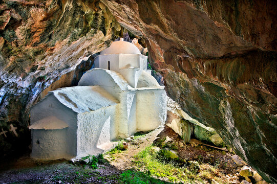 SAMOS ISLAND, AEGEAN SEA, GREECE. Panagia Makrini (literally "Distant Virgin Mary") church, hidden in a cave of Kerkis mountain, close to Kalithea village.