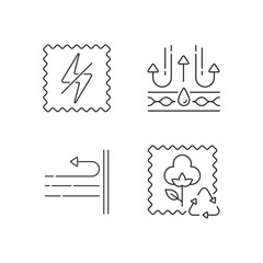 Different fabric features linear icons set. Antistatic, membrane and windproof fiber. Recycled cotton. Customizable thin line contour symbols. Isolated vector outline illustrations. Editable stroke