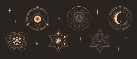 Collection of Mystical and Astrology objects. Gold circles with Sun, Moon and spiritual eye, triangle, pentagram star, pyramid and ankh ornaments
