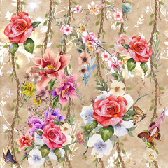 Watercolor painting of leaf and flowers, seamless pattern background