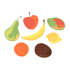Various bright fruits. Apple, pear, banana, orange, coconut, mango, lemon. Flat vector illustration isolated on white background.