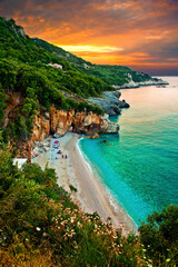 Mylopotamos beach, close to Tsangarada village, Pelion mountain, Magnessia, Thessaly, Greece. - obrazy, fototapety, plakaty