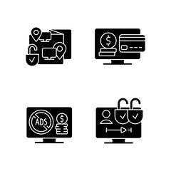 Broadcasting services black glyph icons set on white space. Virtual co-viewing. Subscription fee. Ad-supported subscription plan. Multiple profiles. Silhouette symbols. Vector isolated illustration