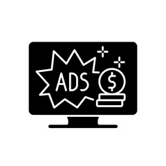 Ad-supported subscription plan black glyph icon. Watching TV with commercials. Cheap alternative. Showing viewers advertisements. Silhouette symbol on white space. Vector isolated illustration