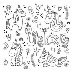 Set of cute unicorn vector illustrations isolated on white background. Hand-drawn outline unicorn for greeting card, invitation, flyer, logo, banner template, coloring book.  Doodle