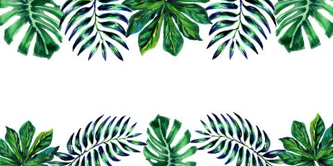 Watercolor horizontal frame with a pattern of tropical dark green palm and monstera leaves on a white background. Botanical  illustration. Horizontal background with exotic hand-drawn leaves.