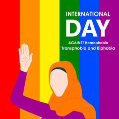 The International Day Against Homophobia, Transphobia and Biphobia. Hashtag IDAHOT. Beautiful LGBT girl in the hijab on a background painted in the colors of the LGBT community. Vector. Eps 10.