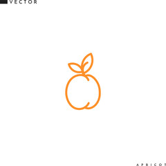 Apricot icon. Line art. Isolated fruit with leaves on white background