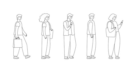 Full length of cartoon people standing in line against outline