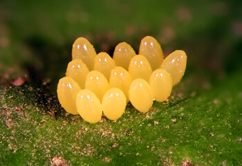 Ladybug (ladybird), Harmonia axyridis (Coleoptera: Coccinellidae). Eggs on green leaf 