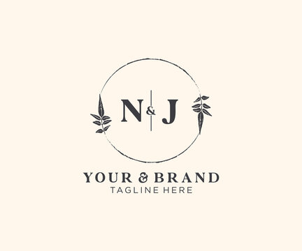 initial NJ letters floral frames. Botanical feminine editable premade monoline unique decoration for greeting card, wedding invitation.