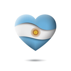Argentina flag icon in the shape of heart. Waving in the wind. Abstract argentine waving flag. Paper cut style. Vector symbol, icon, button