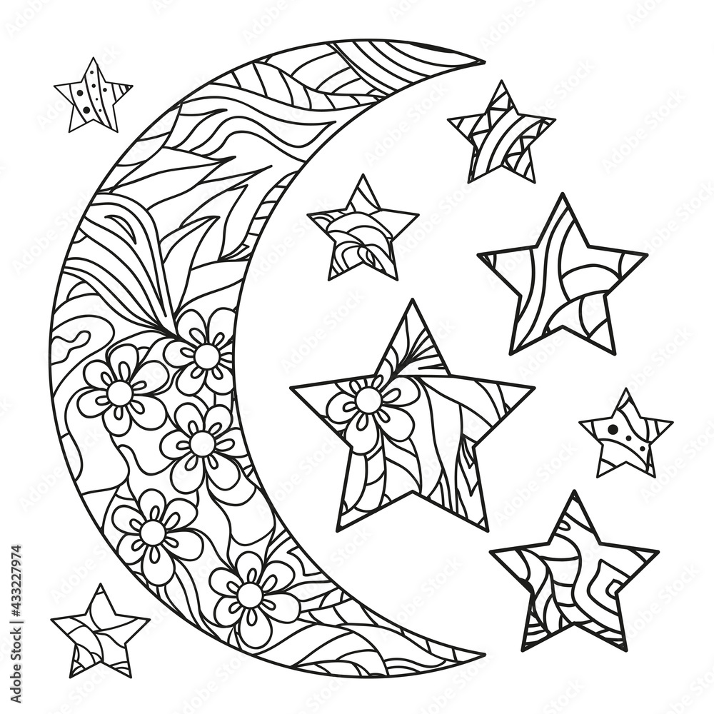 Sticker half moon and star with abstract patterns on isolation background. design for spiritual relaxation f