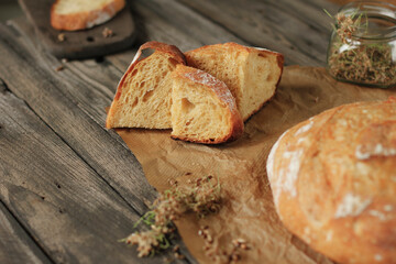 Sprouted grain bread. Healthy eating and the traditional concept of a bakery. Village style.