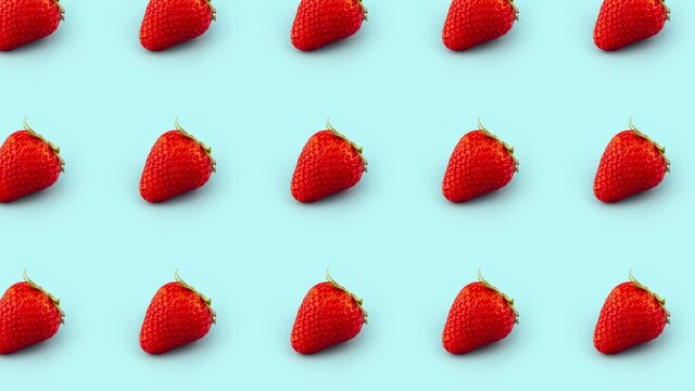Strawberry pattern 2D animation on light blue background, seamless looping. 4K 60 fps