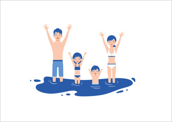 Mom, Dad, Daughter and Their Little Son on Beach, Happy Family Enjoying Summer Vacation on Seashore Vector Illustration on White Background.