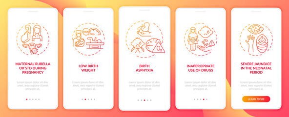Inborn hearing disorder onboarding mobile app page screen with concepts. Low birthweight walkthrough 5 steps graphic instructions. UI, UX, GUI vector template with linear color illustrations