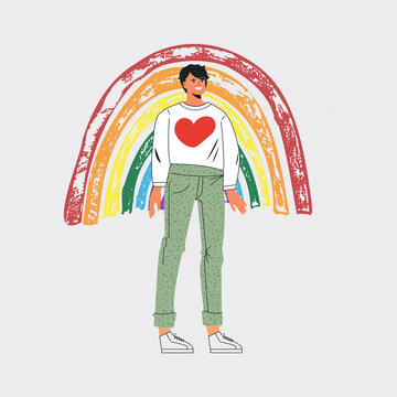 Young volunteer character with rainbow. Give and share your love to people. Rainbow symbol of hope and compassion. Care for environment, green mind, ecology lover. Flat vector cartoon illustration