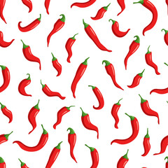 Seamless pattern of red hot chili peppers on white. Vector illustration.