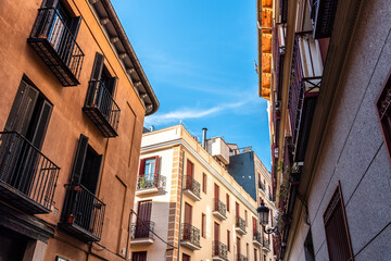 Traditional residential buildings in the quarter of Las Letras in Central Madrid, Spain