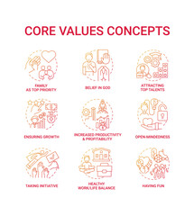 Fototapeta na wymiar Core values concept icons set. Open-mindedness idea thin line RGB color illustrations. Increased profitability, productivity. Taking initiative. Work life balance. Vector isolated outline drawings