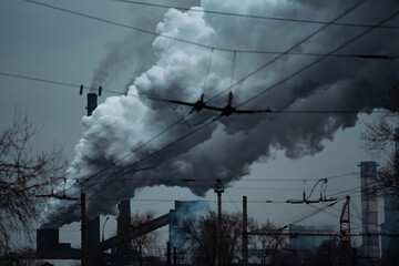 Factory pipe polluting air against, environmental problems, smoke from chimneys.