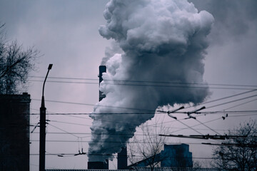 Factory pipe polluting air against, environmental problems, smoke from chimneys.