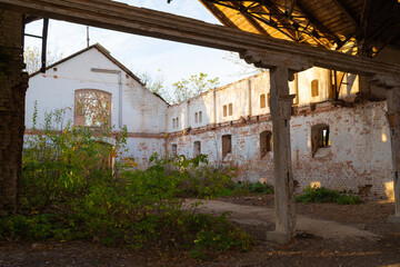 Old wooden structures and brick walls in an abandoned stable in the Natalyevka estate, Kharkiv region, Ukraine