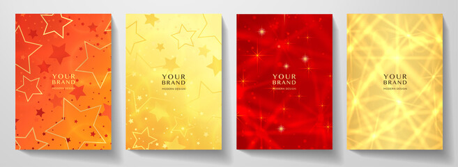 Modern holiday cover design set. Starry pattern with golden stars in gold, red color. Vector luxury collection background for Christmas catalog, brochure template, booklet, gift card