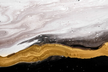 Acrylic Fluid Art. White and black waves with liquid golden curve. Abstract marble background or...
