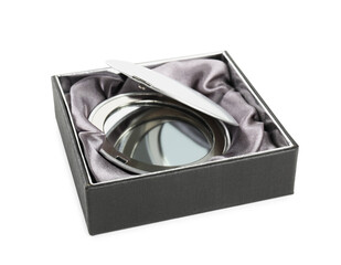 Cosmetic pocket mirror in box isolated on white