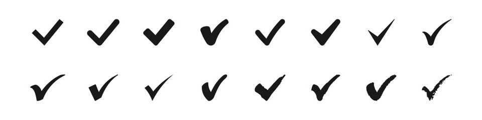 Set of check mark icons. Black vector symbols.