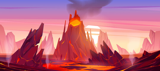 Volcanic eruption illustration. Volcano erupts with hot lava, fire and clouds of smoke, ash and gases. Vector cartoon landscape with rocks, mountain with crater and flow magma at sunset - obrazy, fototapety, plakaty