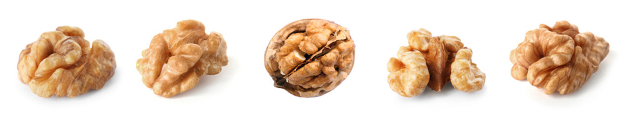 Set with tasty walnuts on white background. Banner design