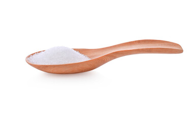 sugar in wooden spoon on white background