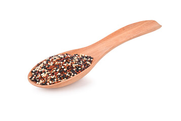 Raw quinoa in wooden spoon isolated on white background