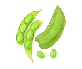 Green soy beans isolated on white background. Top view.