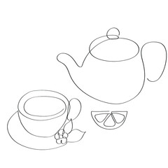 The teapot and the cup on the saucer are drawn in one line