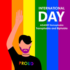 May 17 - The International Day Against Homophobia, Transphobia and Biphobia. A beautiful LGBT man with a purple beard wearing a proud T-shirt. Vector illustration in flat style. Eps 10.