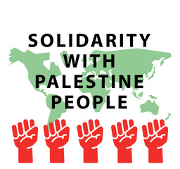 Illustration text SOLIDARITY WITH PALESTINE PEOPLE on white background with hand and world map icon.